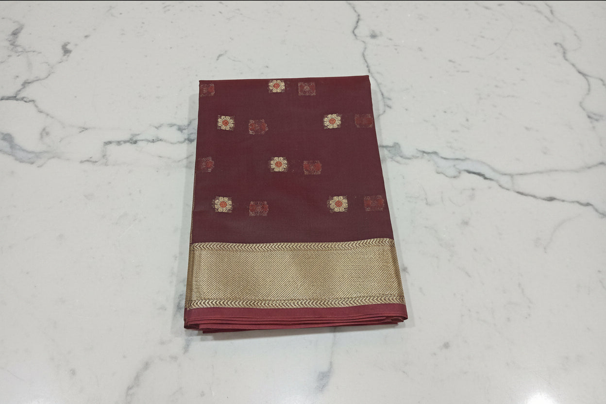Chandheri Silk Saree with Flower Polka Dots Buttas  with Gold Zari Border and Tassels in Coffee Brown Color