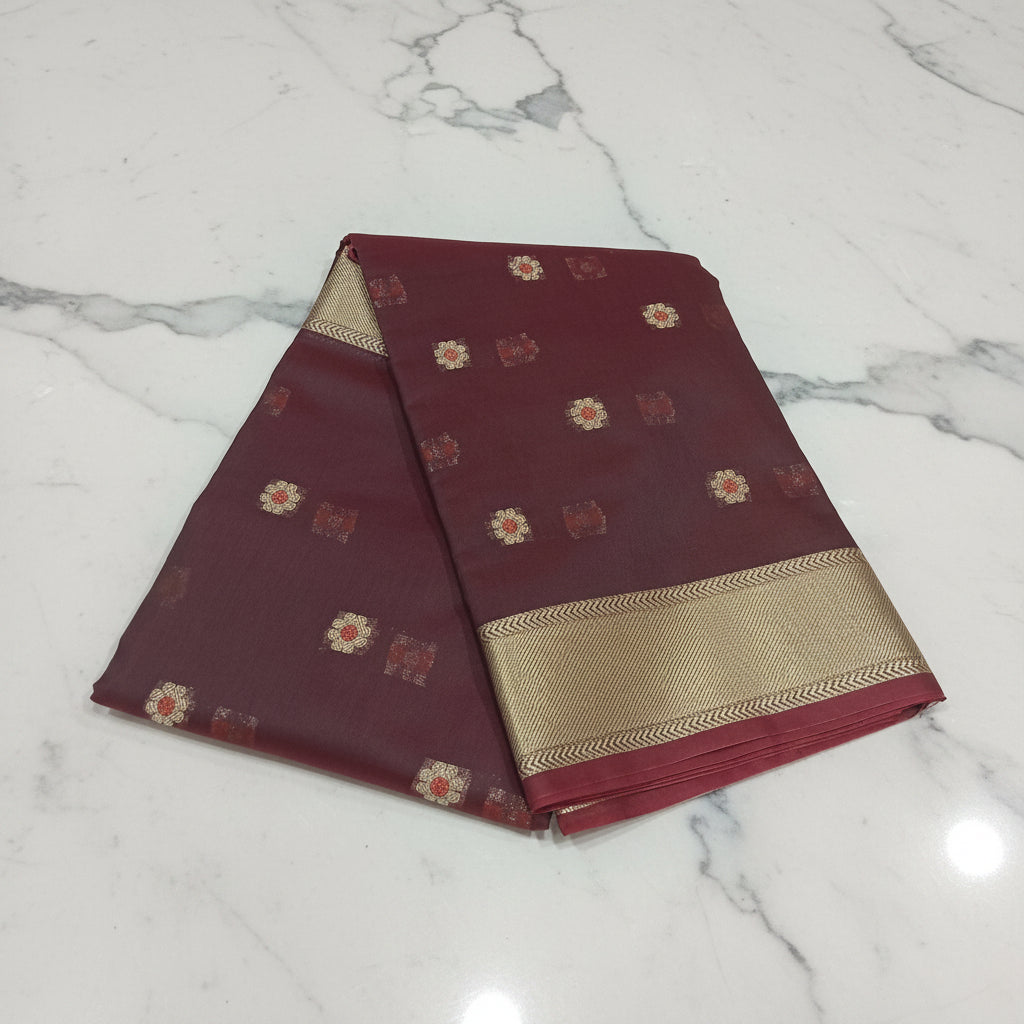 Chandheri Silk Saree with Flower Polka Dots Buttas  with Gold Zari Border and Tassels in Coffee Brown Color