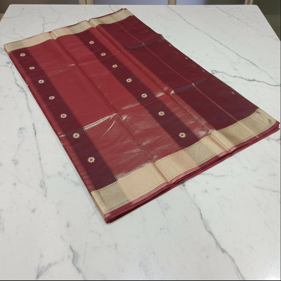 Chandheri Silk Saree with Flower Polka Dots Buttas  with Gold Zari Border and Tassels in Coffee Brown Color
