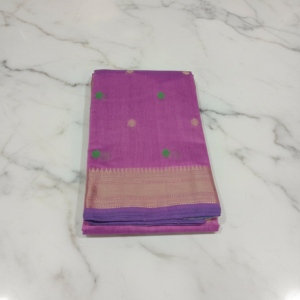 Chandheri Silk Saree with Flower Polka Dots Buttas with Gold Zari Border and Tassels in Lotus Pink color