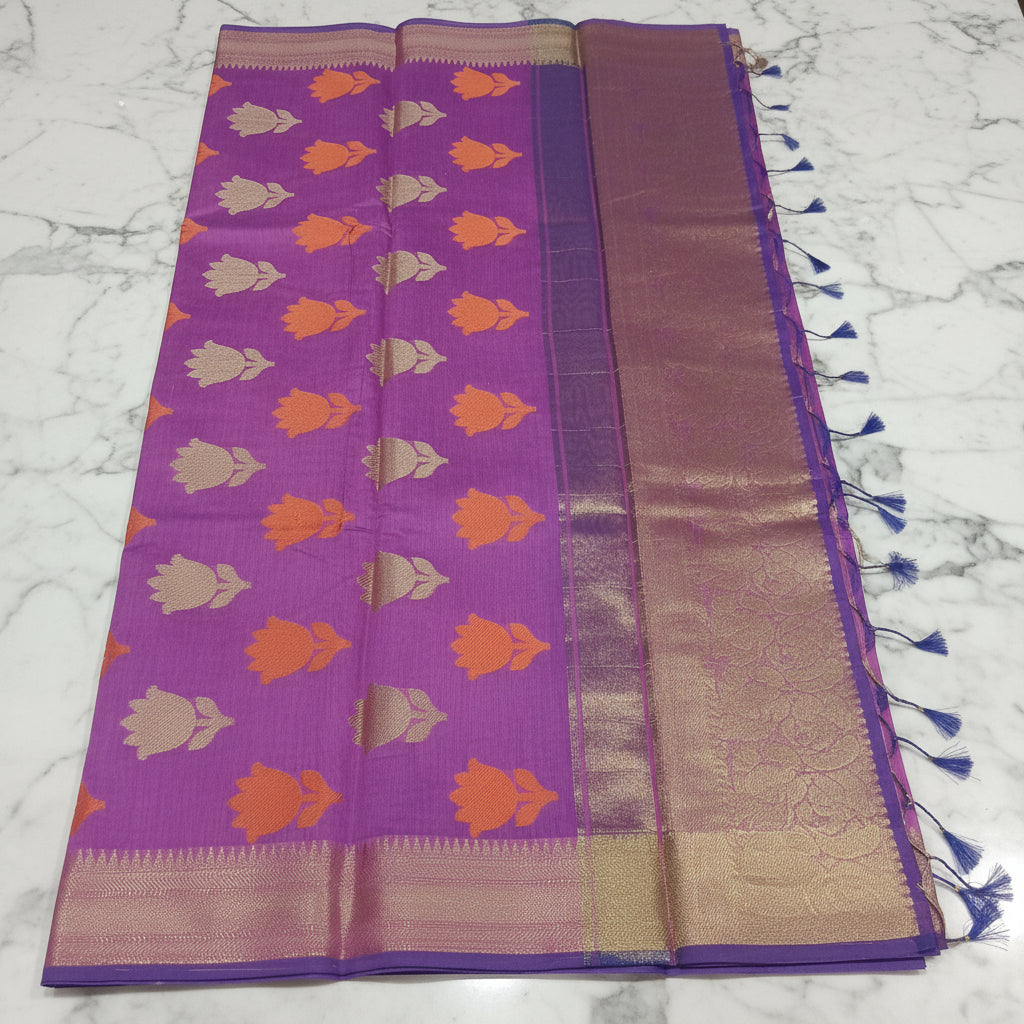 Chandheri Silk Saree with Flower Polka Dots Buttas with Gold Zari Border and Tassels in Lotus Pink color