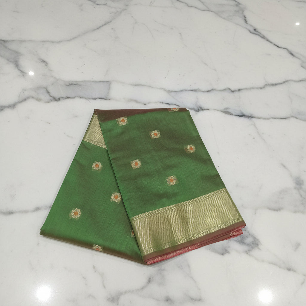 Chandheri Silk Saree with Flower Polka Dots Buttas with Gold Zari Border and Tassels in Leaf Green color