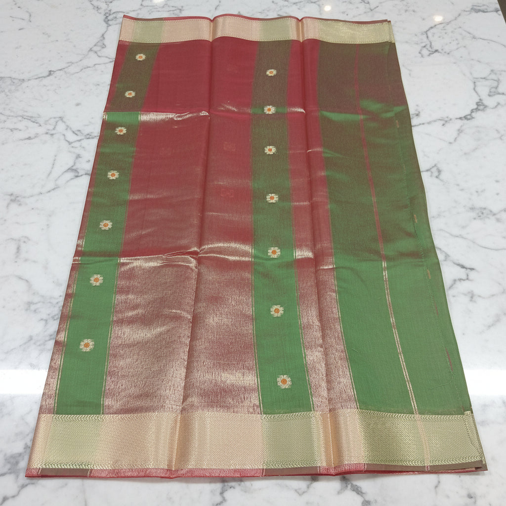 Chandheri Silk Saree with Flower Polka Dots Buttas with Gold Zari Border and Tassels in Leaf Green color