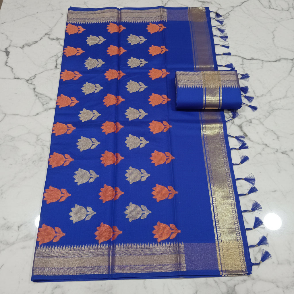 Chandheri Silk Saree with Flower Polka Dots Buttas with Gold Zari Border and Tassels in Royal Blue color