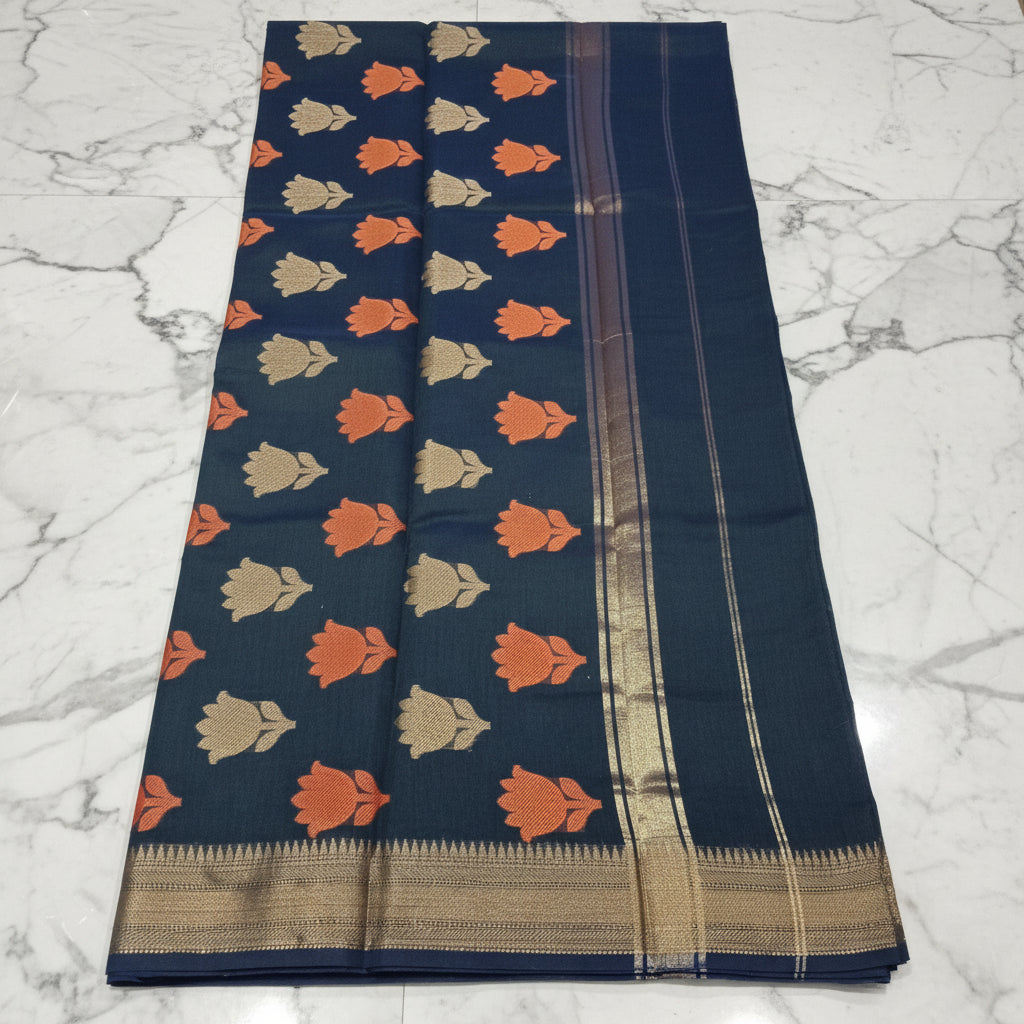 Chandheri Silk Saree with Flower Polka Dots Buttas with Gold Zari Border and Tassels in Greyish Blue color