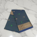 Chandheri Silk Saree with Flower Polka Dots Buttas with Gold Zari Border and Tassels in Greyish Blue color