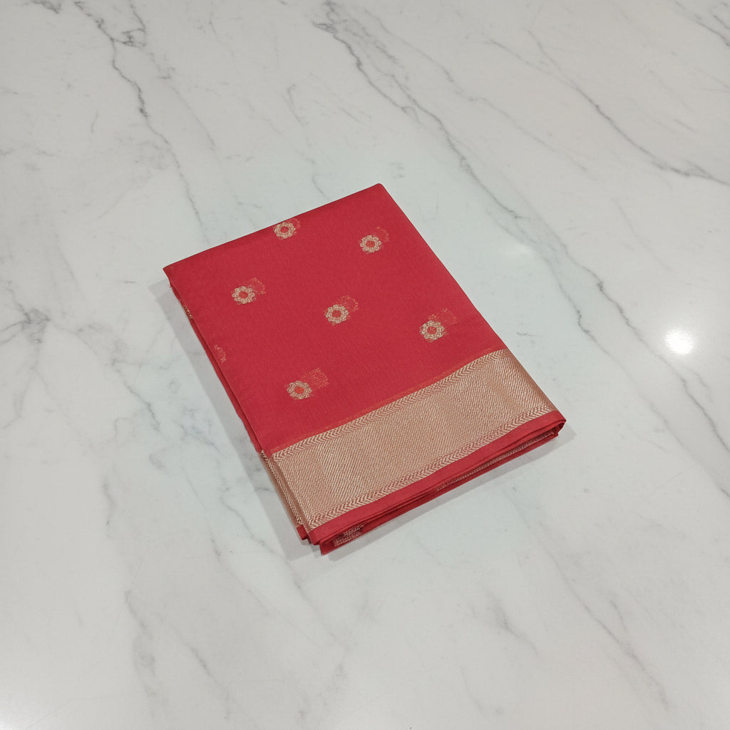 Chandheri Silk Saree with Flower Polka Dots Buttas with Gold Zari Border and Tassels in Red color