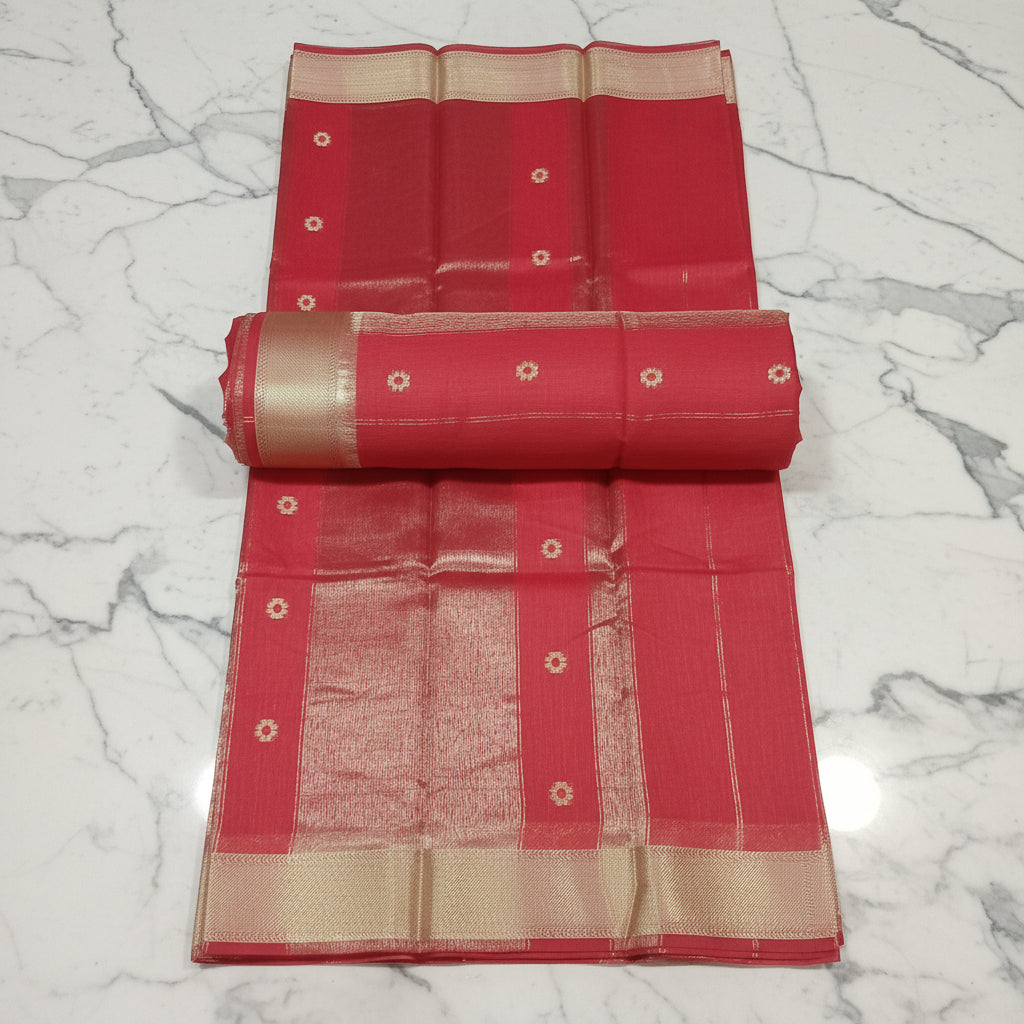 Chandheri Silk Saree with Flower Polka Dots Buttas with Gold Zari Border and Tassels in Red color