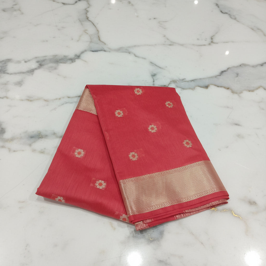 Chandheri Silk Saree with Flower Polka Dots Buttas with Gold Zari Border and Tassels in Red color