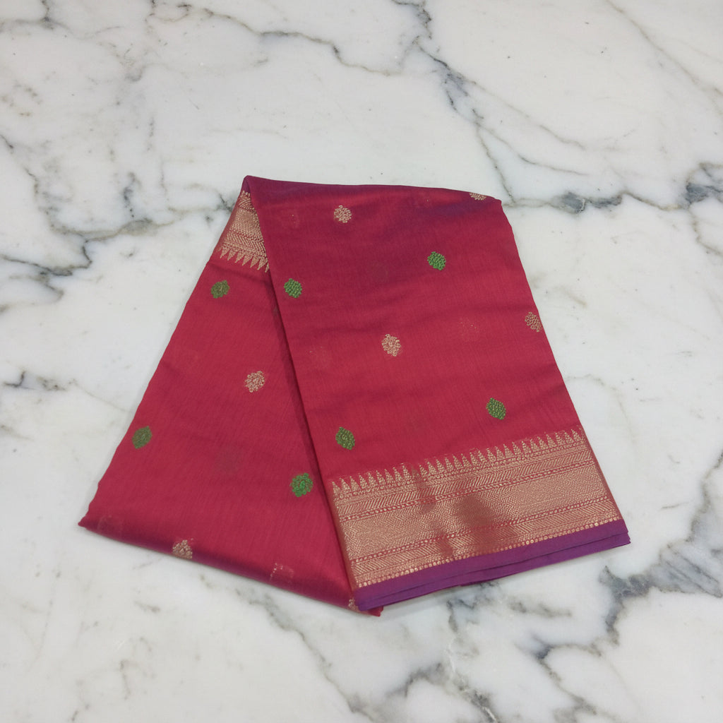 Chandheri Silk Saree with Flower Polka Dots Buttas with Gold Zari Border and Tassels in Reddish Red color with gold green buttas