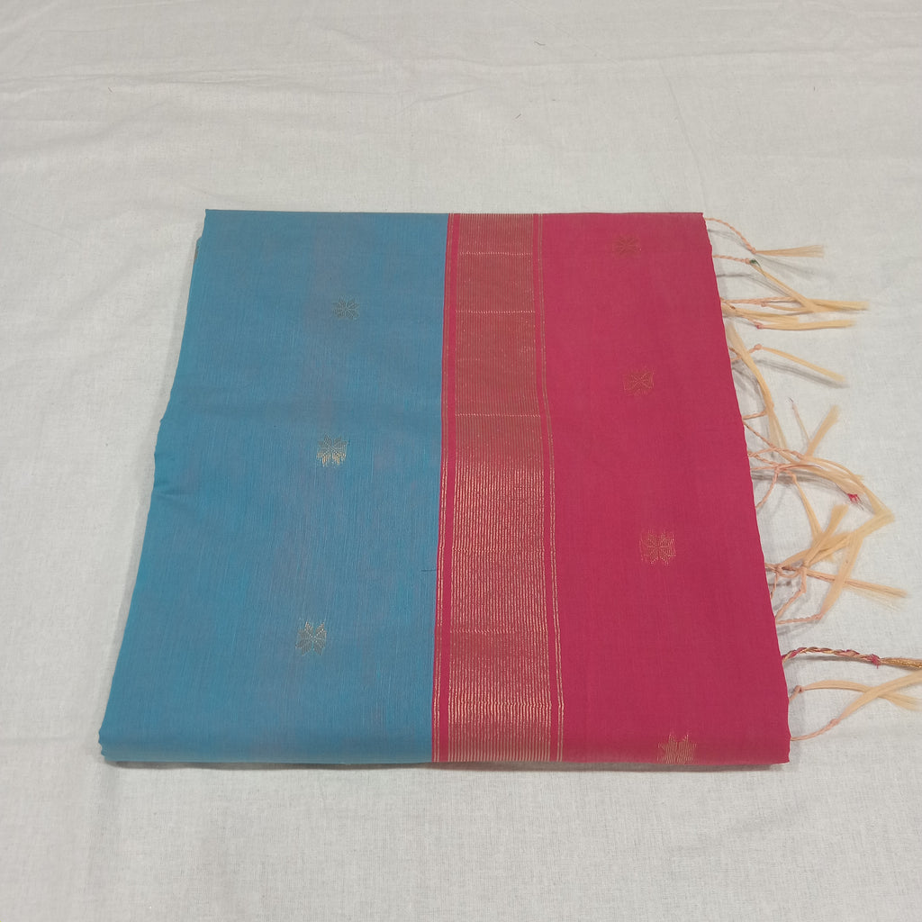 Chandheri Silk Saree with beautiful Butta Motifs in Light Blue and Pink Contrast with Tassels