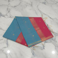 Chandheri Silk Saree with beautiful Butta Motifs in Light Blue and Pink Contrast with Tassels