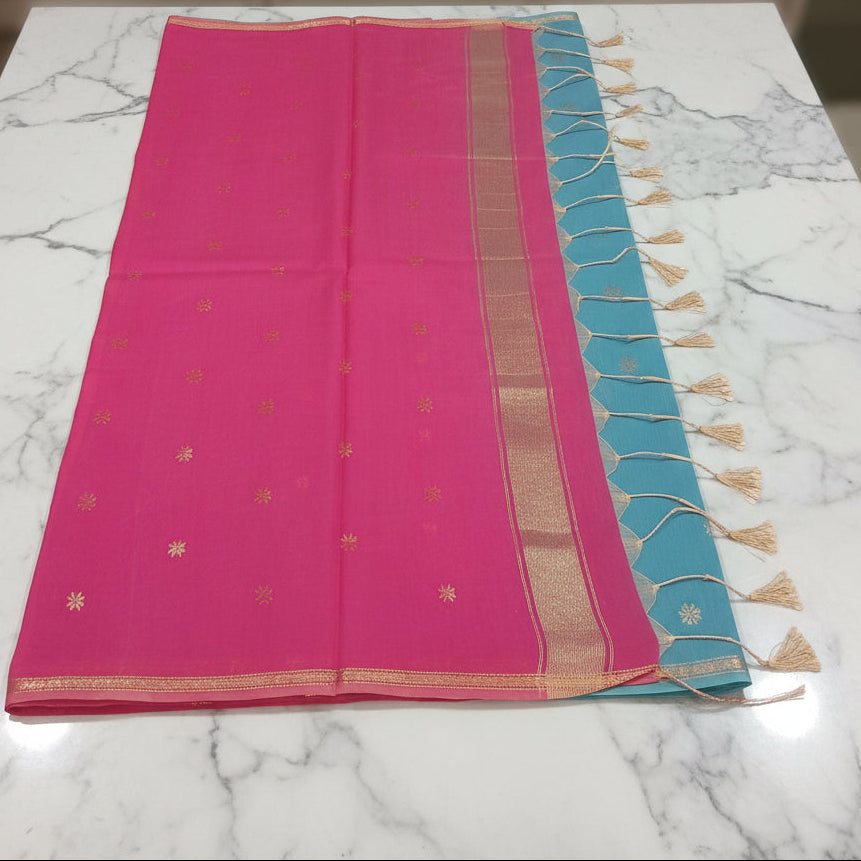 Chandheri Silk Saree with beautiful Butta Motifs in Light Blue and Pink Contrast with Tassels