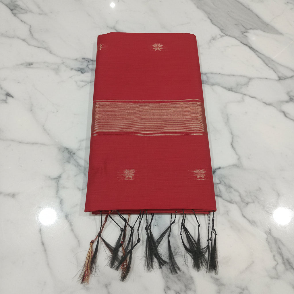 Chandheri Silk Saree with beautiful Butta Motifs in Red with Tassels