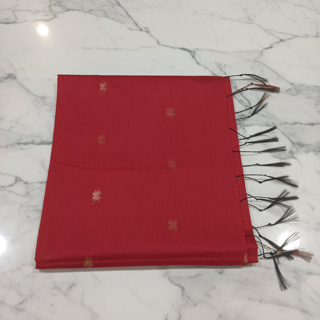 Chandheri Silk Saree with beautiful Butta Motifs in Red with Tassels