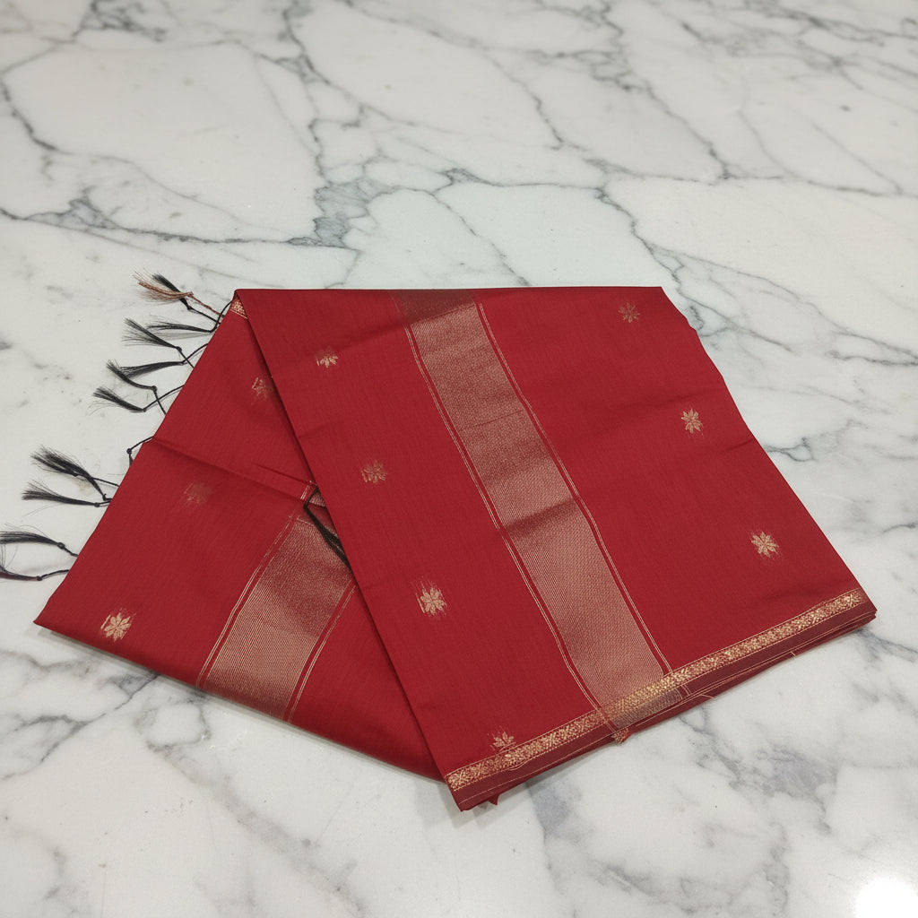 Chandheri Silk Saree with beautiful Butta Motifs in Red with Tassels