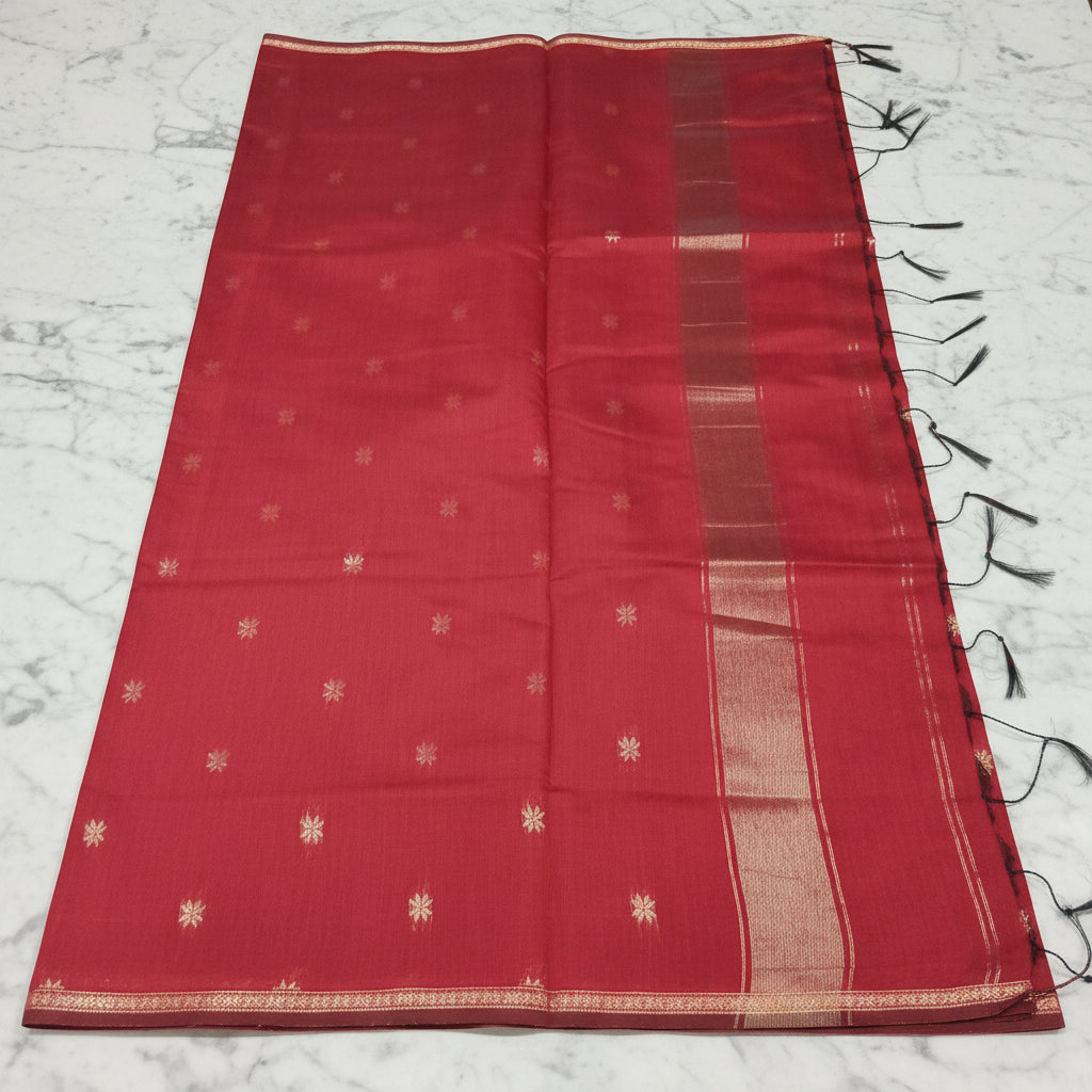Chandheri Silk Saree with beautiful Butta Motifs in Red with Tassels