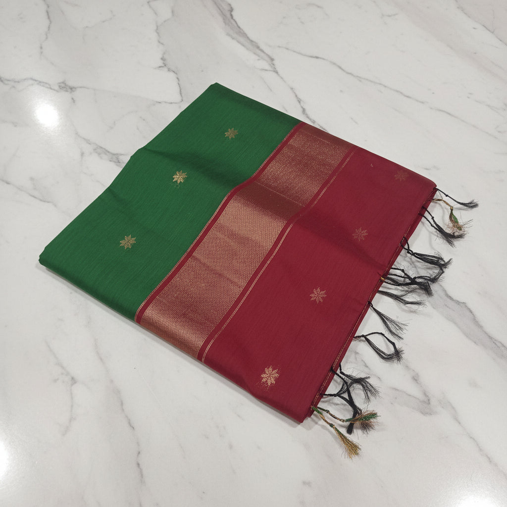 Chandheri Silk Saree with beautiful Butta Motifs in Leaf Green and Maroon Contrast with Tassels