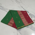 Chandheri Silk Saree with beautiful Butta Motifs in Leaf Green and Maroon Contrast with Tassels