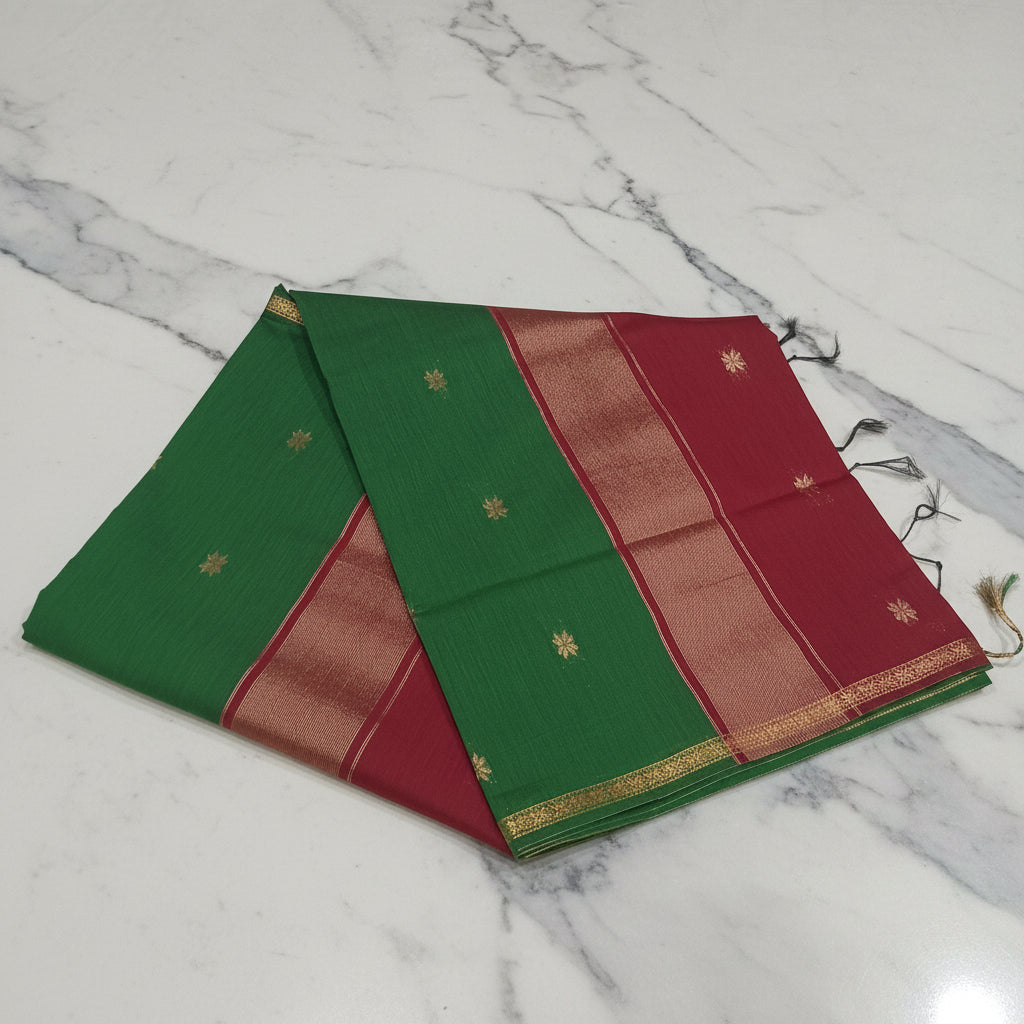 Chandheri Silk Saree with beautiful Butta Motifs in Leaf Green and Maroon Contrast with Tassels