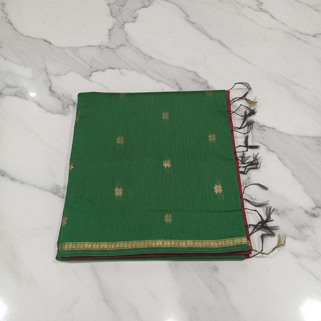 Chandheri Silk Saree with beautiful Butta Motifs in Leaf Green and Maroon Contrast with Tassels