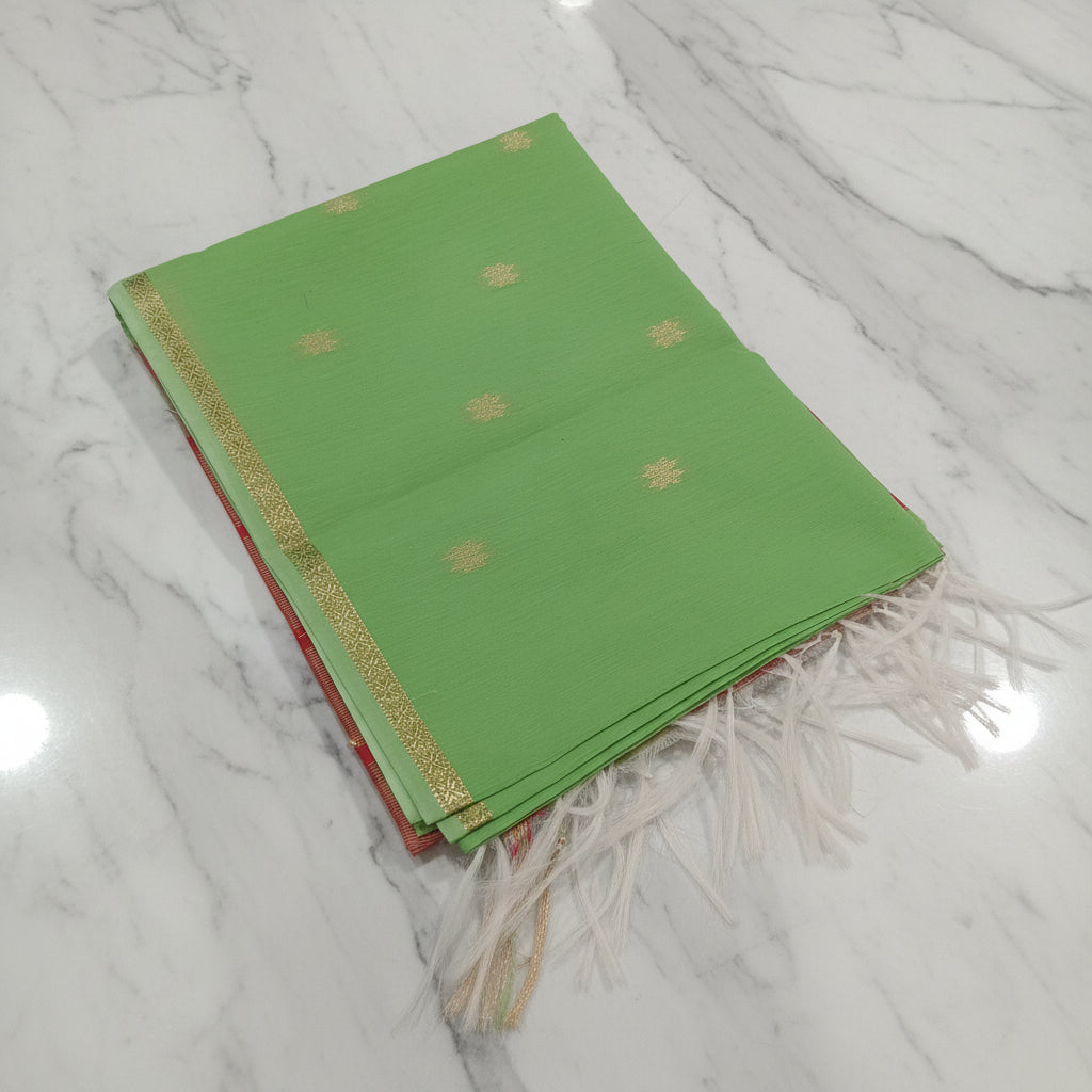 Chandheri Silk Saree with beautiful Butta Motifs in Fresh Leaf Green and Red Contrast with Tassels