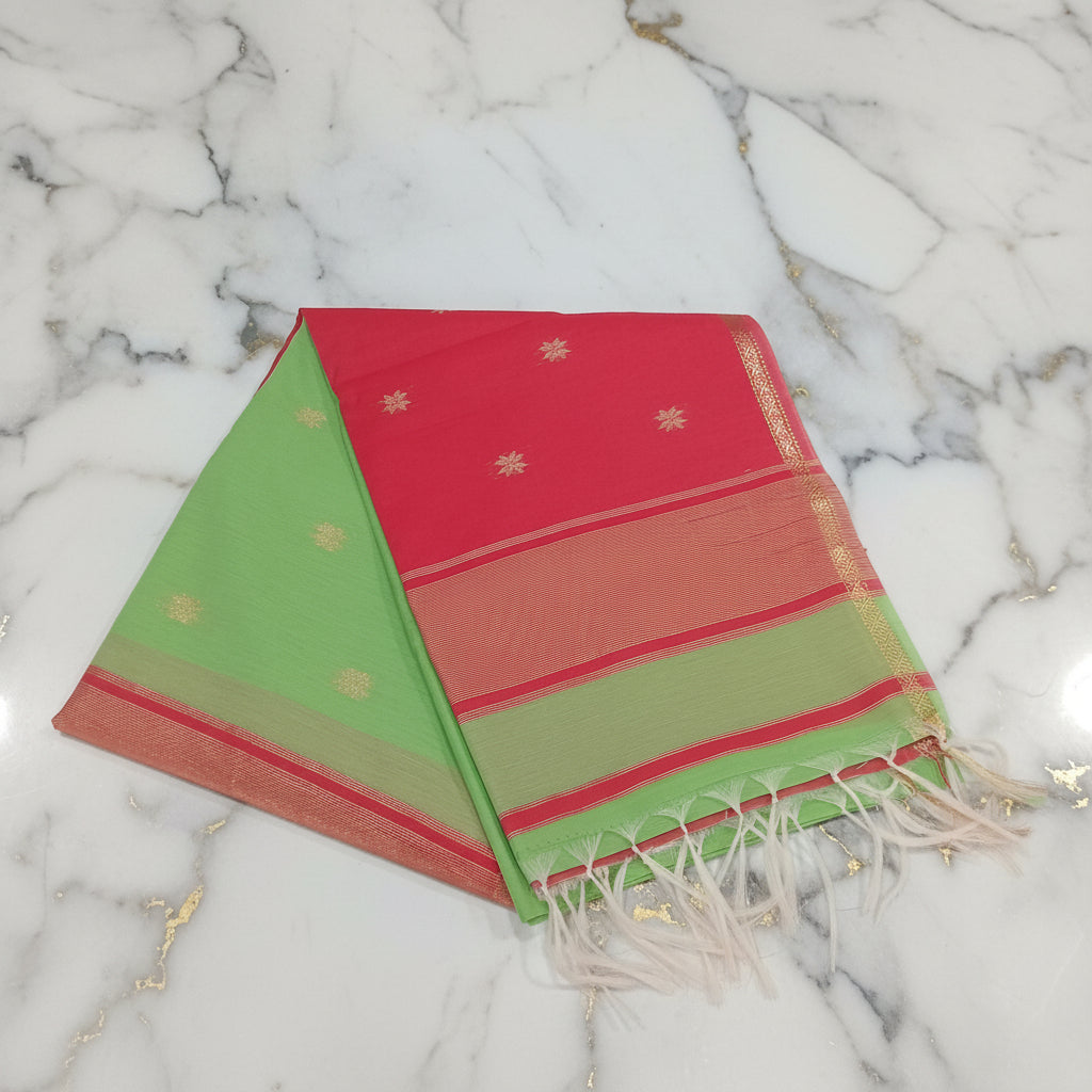 Chandheri Silk Saree with beautiful Butta Motifs in Fresh Leaf Green and Red Contrast with Tassels