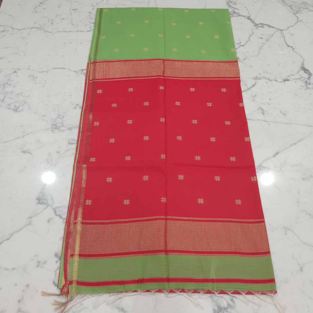 Chandheri Silk Saree with beautiful Butta Motifs in Fresh Leaf Green and Red Contrast with Tassels