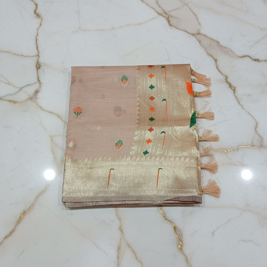 Patola Pure Silk Saree with Rich Gold Color Zari Border and Pallu in Light Peach Color