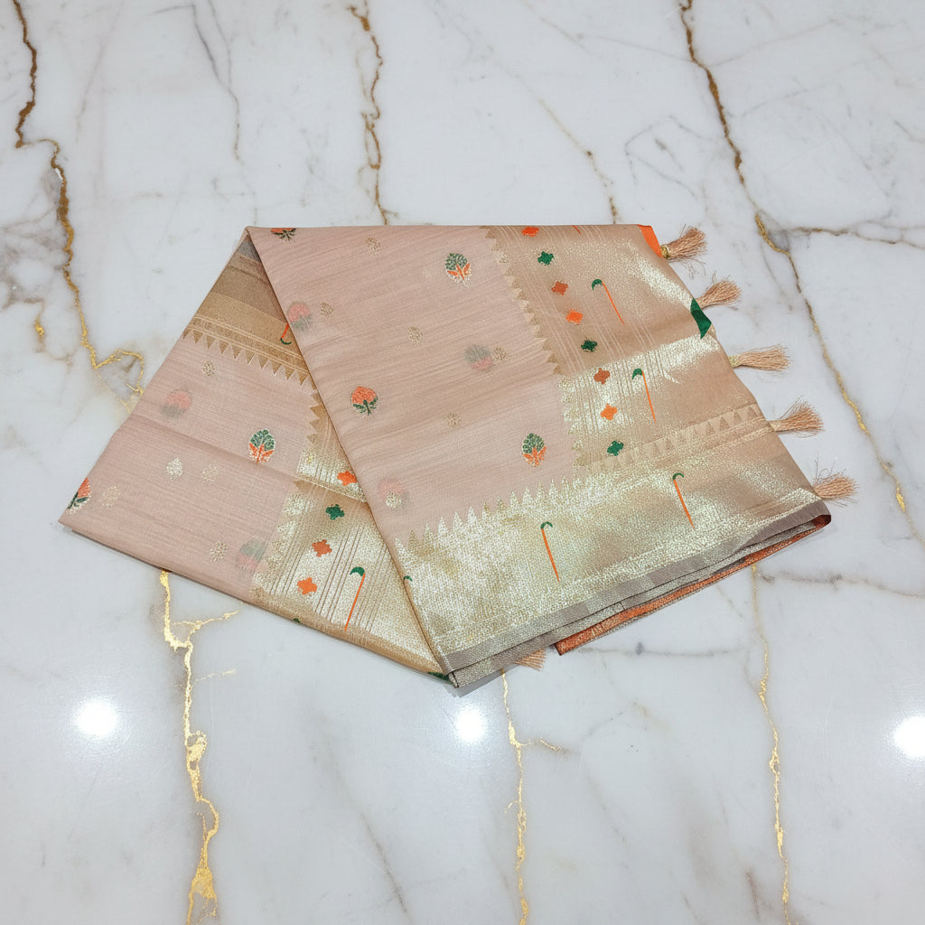 Patola Pure Silk Saree with Rich Gold Color Zari Border and Pallu in Light Peach Color