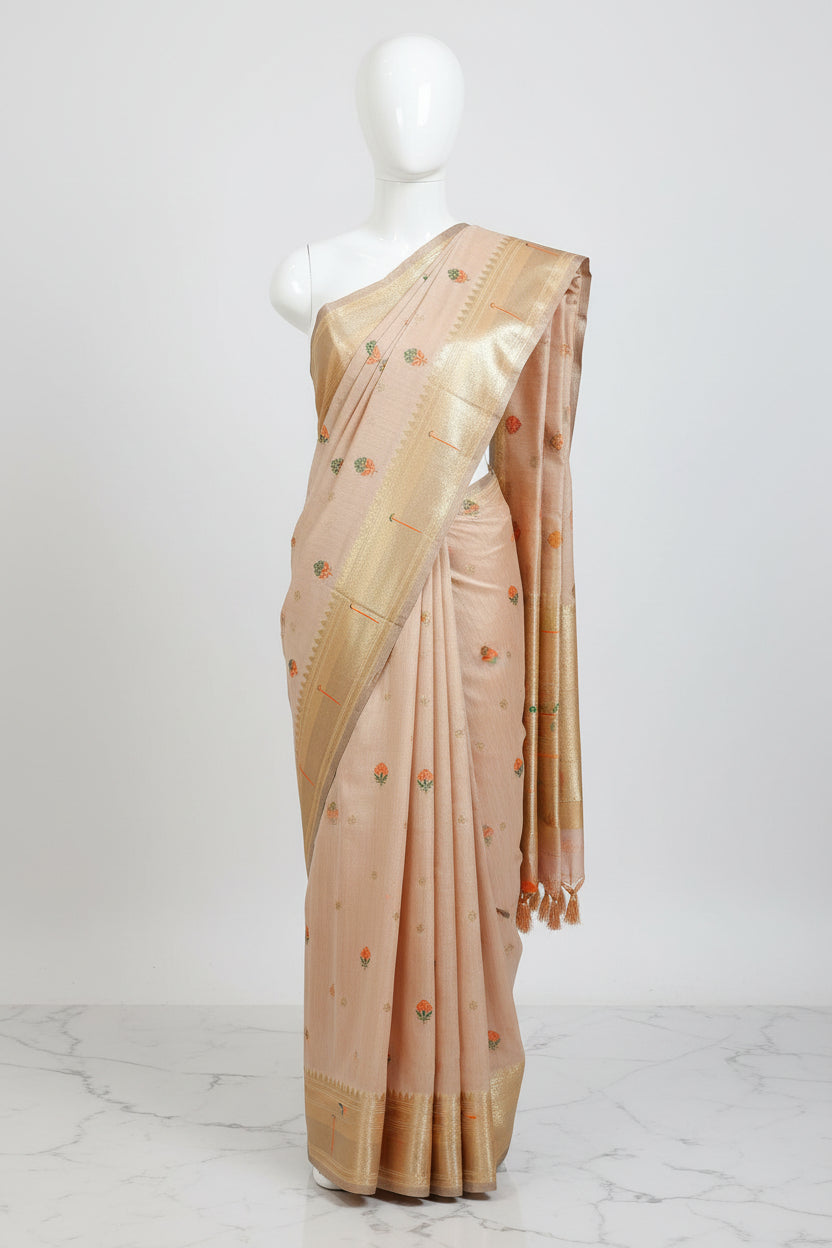 Patola Pure Silk Saree with Rich Gold Color Zari Border and Pallu in Light Peach Color