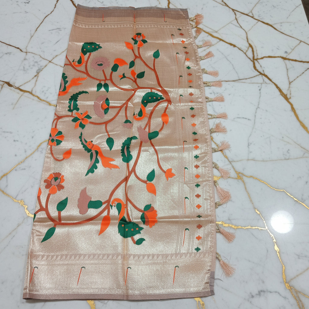 Patola Pure Silk Saree with Rich Gold Color Zari Border and Pallu in Light Peach Color