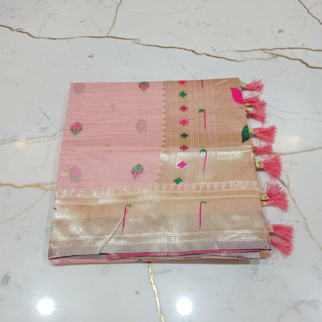 Patola Pure Silk Saree with Rich Gold Color Zari Border and Pallu in Light Pink Color