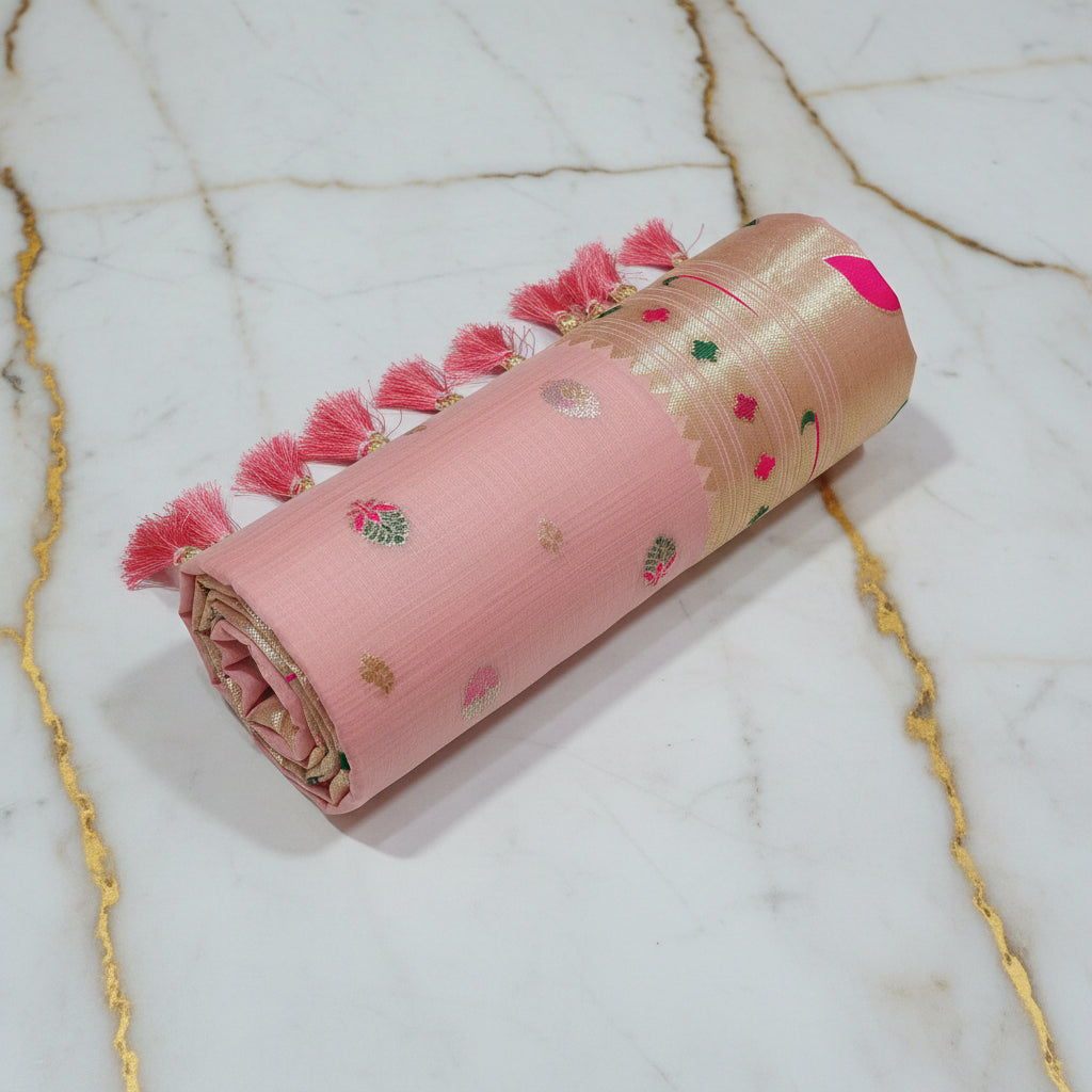 Patola Pure Silk Saree with Rich Gold Color Zari Border and Pallu in Light Pink Color