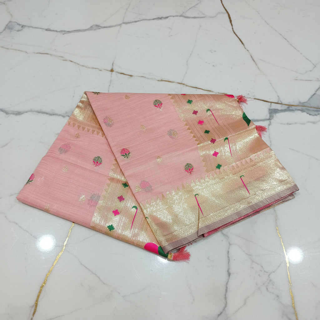 Patola Pure Silk Saree with Rich Gold Color Zari Border and Pallu in Light Pink Color
