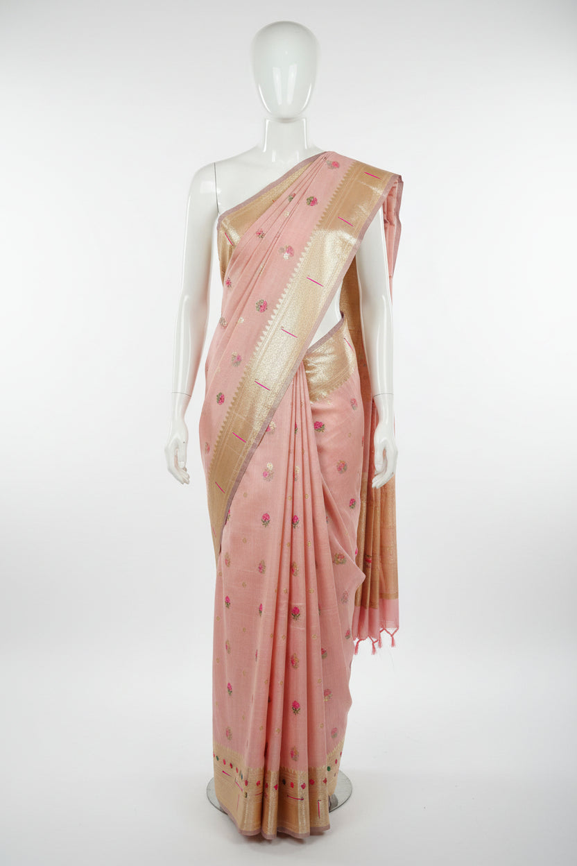 Patola Pure Silk Saree with Rich Gold Color Zari Border and Pallu in Light Pink Color