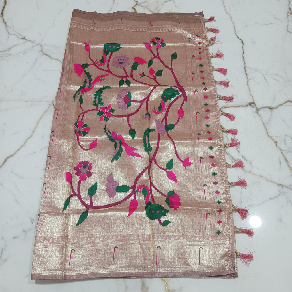 Patola Pure Silk Saree with Rich Gold Color Zari Border and Pallu in Light Pink Color