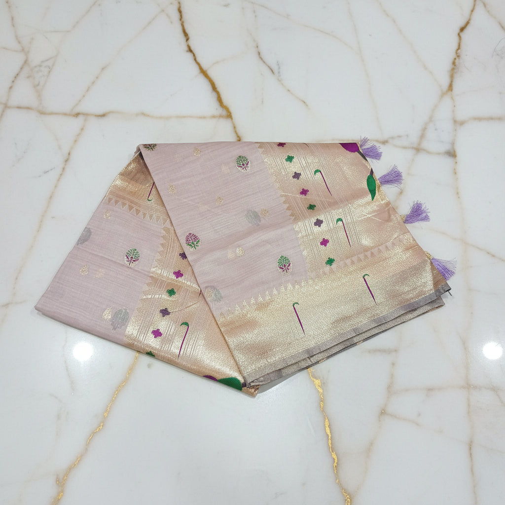 Patola Pure Silk Saree with Rich Gold Color Zari Border and Pallu in Light Purple Color