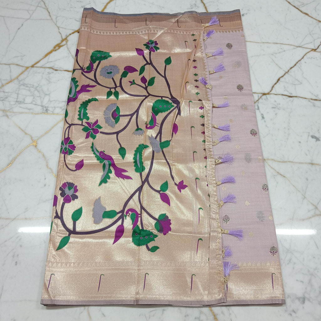 Patola Pure Silk Saree with Rich Gold Color Zari Border and Pallu in Light Purple Color
