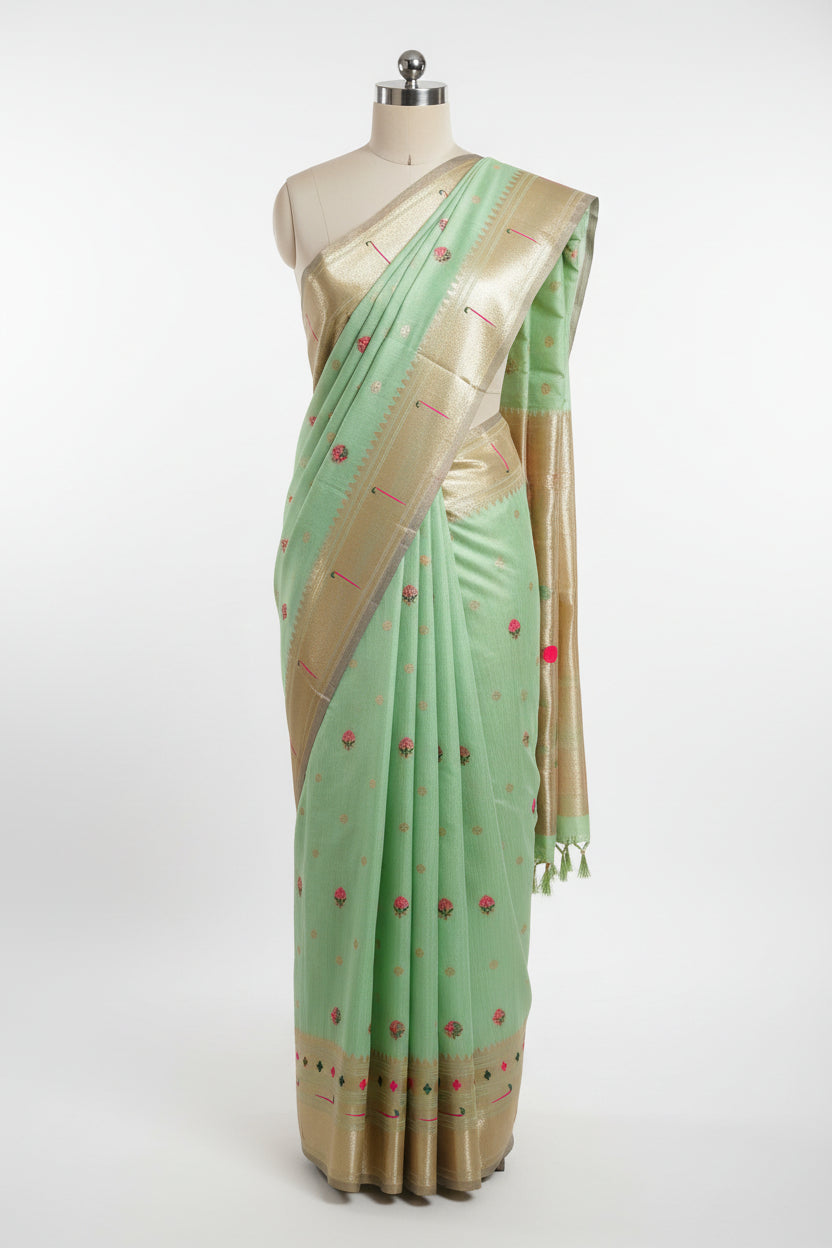 Patola Pure Silk Saree with Rich Gold Color Zari Border and Pallu in Light Green Color