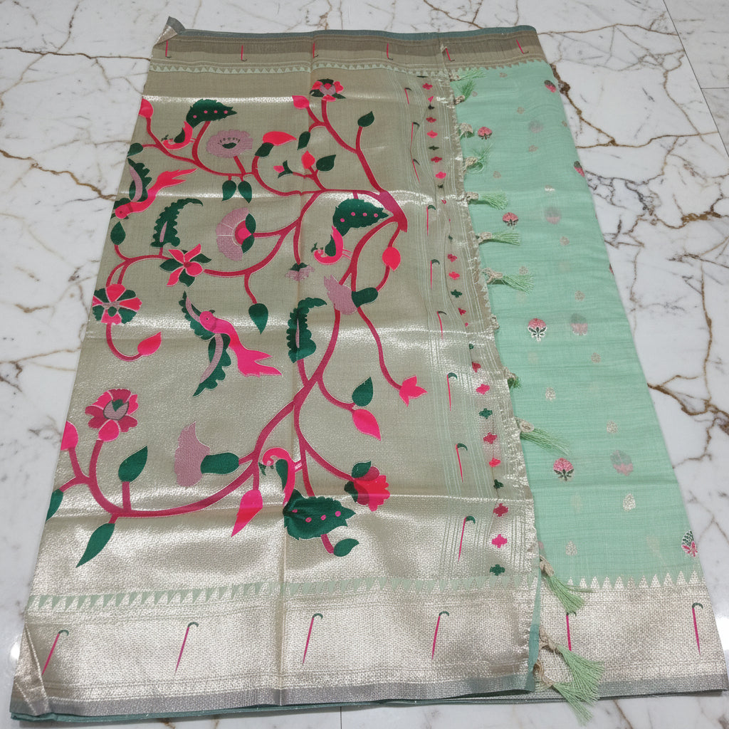 Patola Pure Silk Saree with Rich Gold Color Zari Border and Pallu in Light Green Color