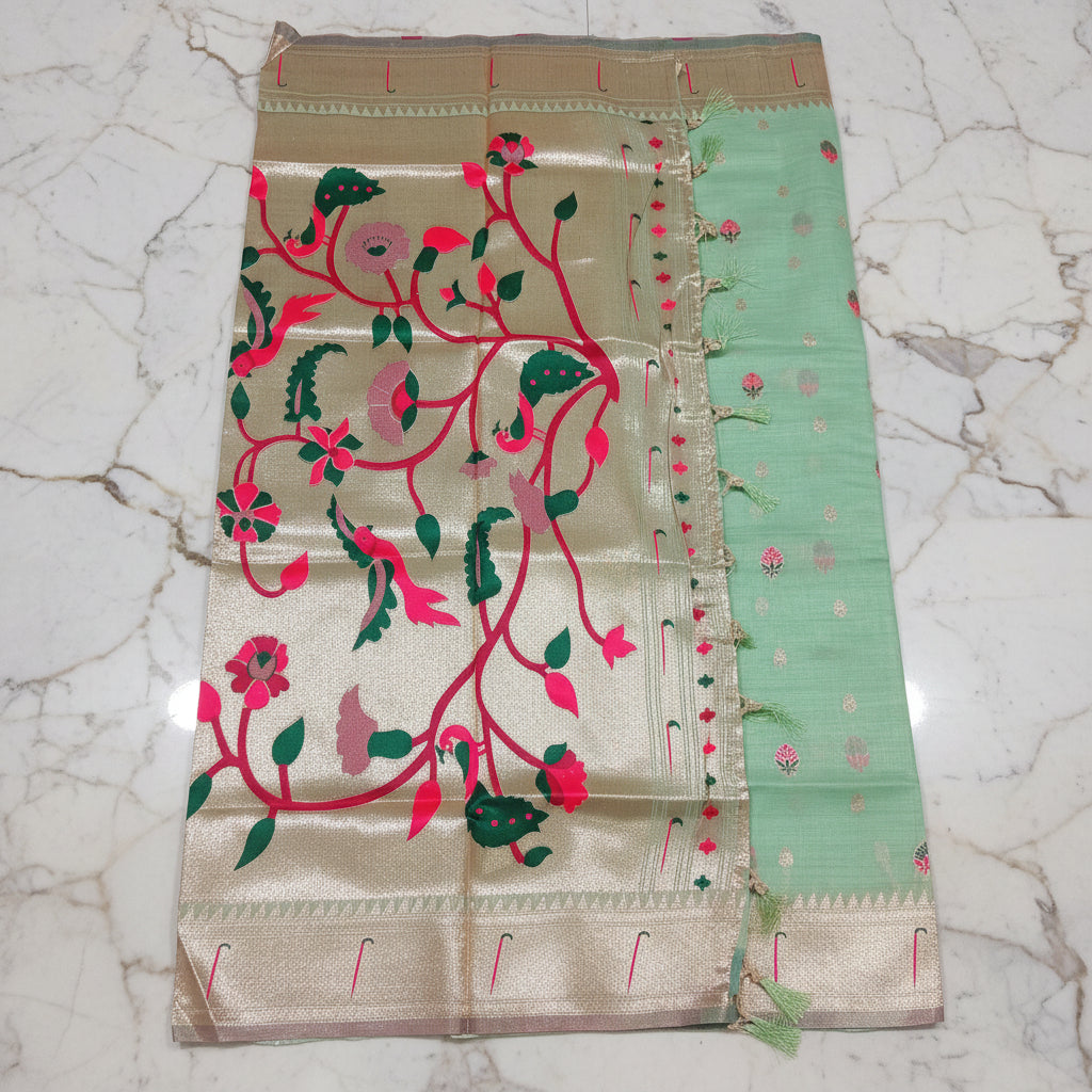 Patola Pure Silk Saree with Rich Gold Color Zari Border and Pallu in Light Green Color