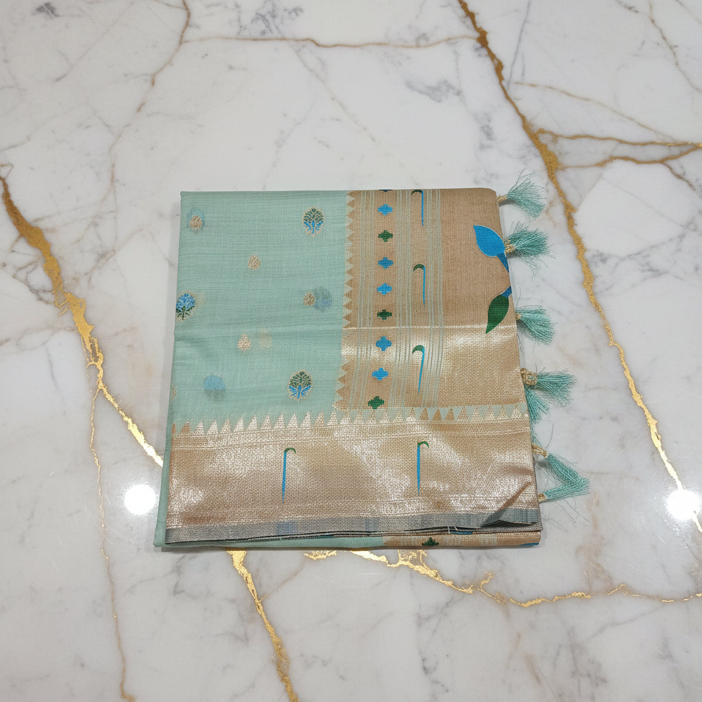 Patola Pure Silk Saree with Rich Gold Color Zari Border and Pallu in Light Blue Color