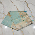 Patola Pure Silk Saree with Rich Gold Color Zari Border and Pallu in Light Blue Color