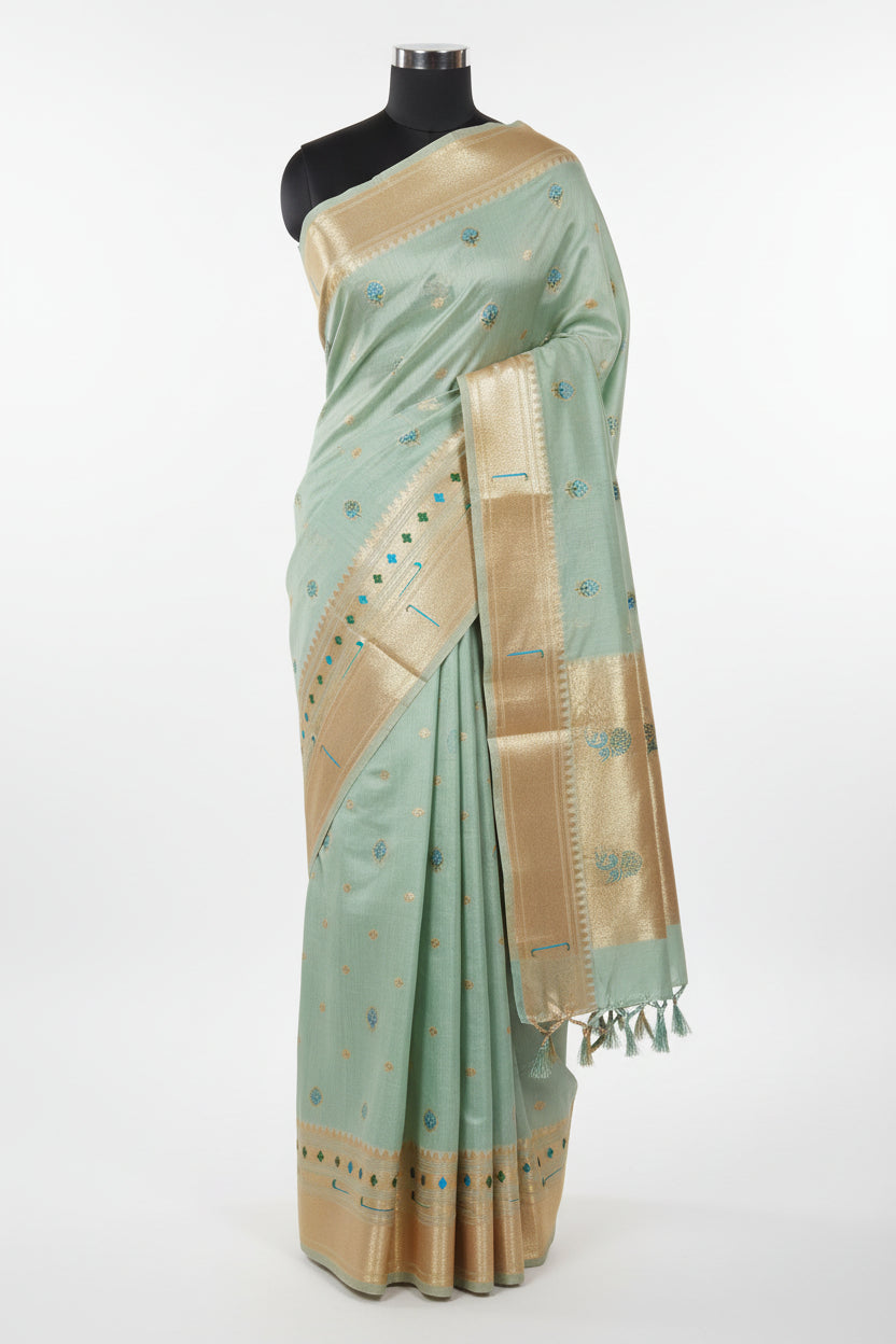 Patola Pure Silk Saree with Rich Gold Color Zari Border and Pallu in Light Blue Color