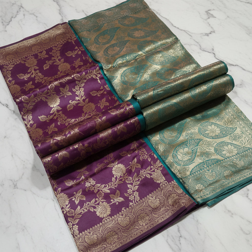 Banarasi Pure Silk Saree with luxurious Gold Zari Floral Buttas all over the saree and Pallu with leaf pattern in Purple Green Color