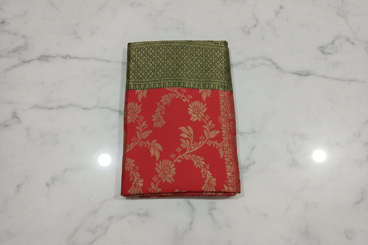 Banarasi Pure Silk Saree with luxurious Gold Zari Floral Buttas all over the saree and Pallu in Red Green Color