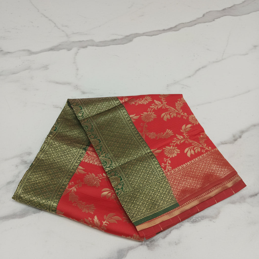 Banarasi Pure Silk Saree with luxurious Gold Zari Floral Buttas all over the saree and Pallu in Red Green Color