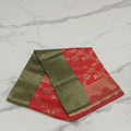 Banarasi Pure Silk Saree with luxurious Gold Zari Floral Buttas all over the saree and Pallu in Red Green Color