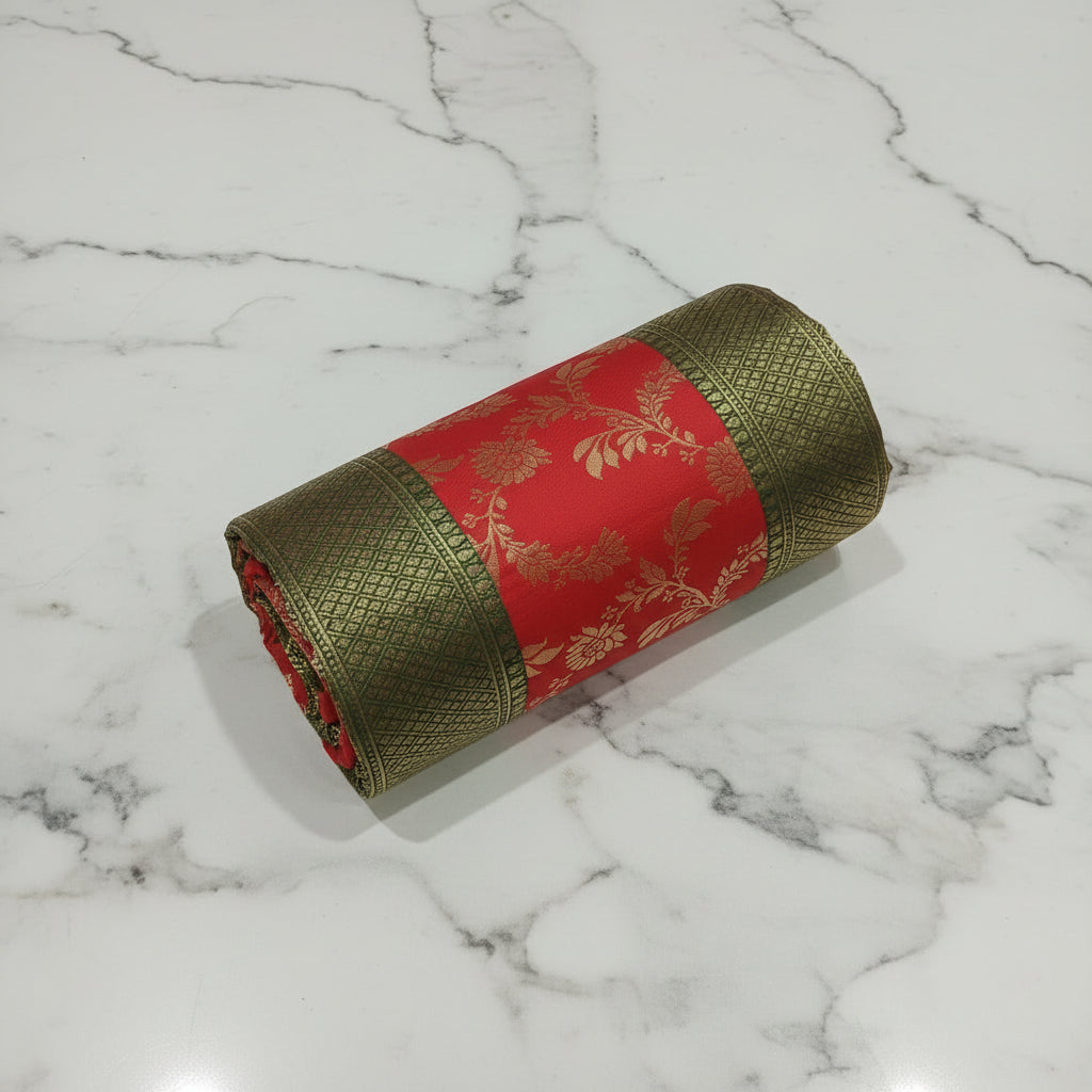 Banarasi Pure Silk Saree with luxurious Gold Zari Floral Buttas all over the saree and Pallu in Red Green Color
